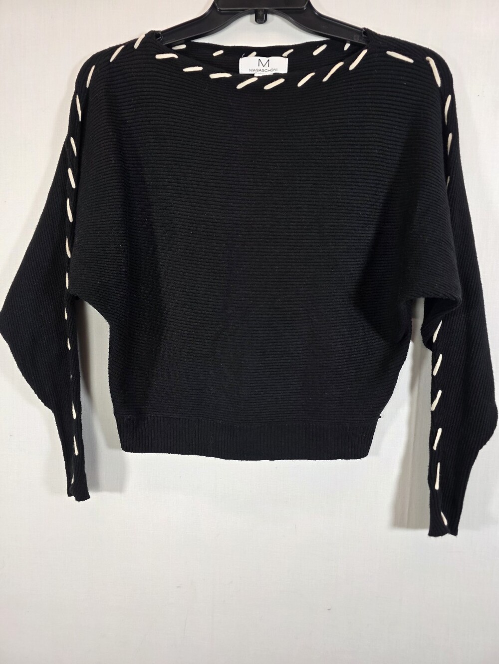 Magaschoni Black Contrast Stitch Dolphin Batwing Sleeve Sweater M